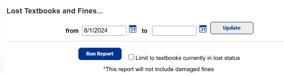 Lost textbooks and fines setup page